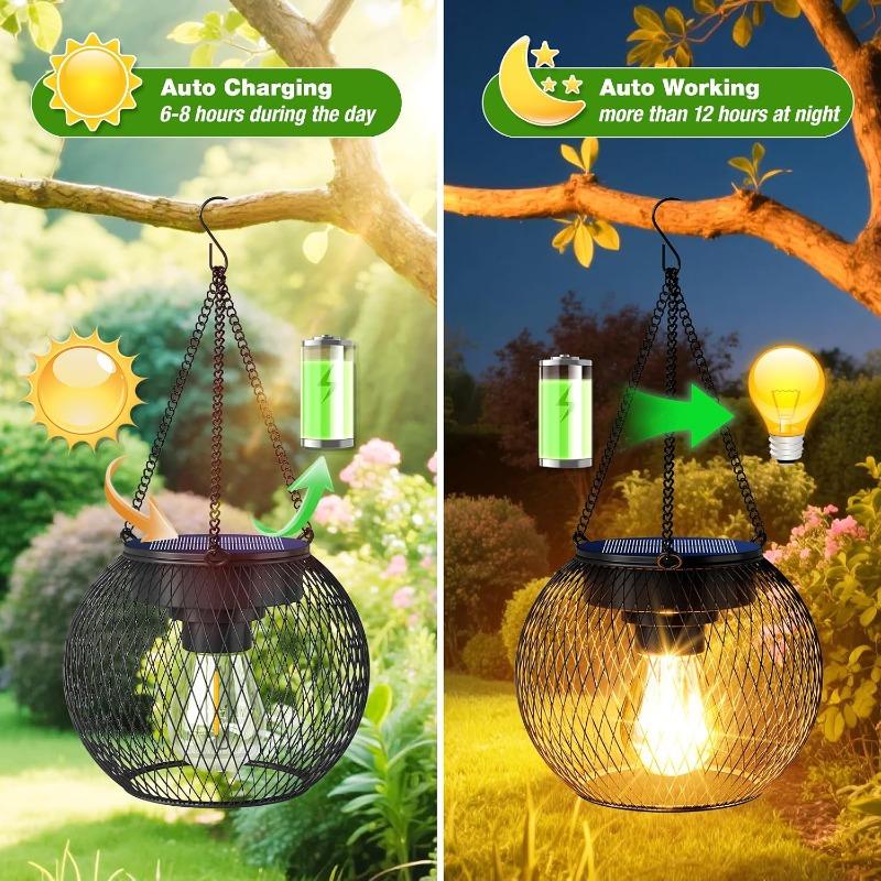 Solar Lanterns Outdoor Waterproof Metal Hanging Lights with Hooks Auto On/Off Warm Lighting for Porch Garden Yard Pathway Patio Landscape Decor