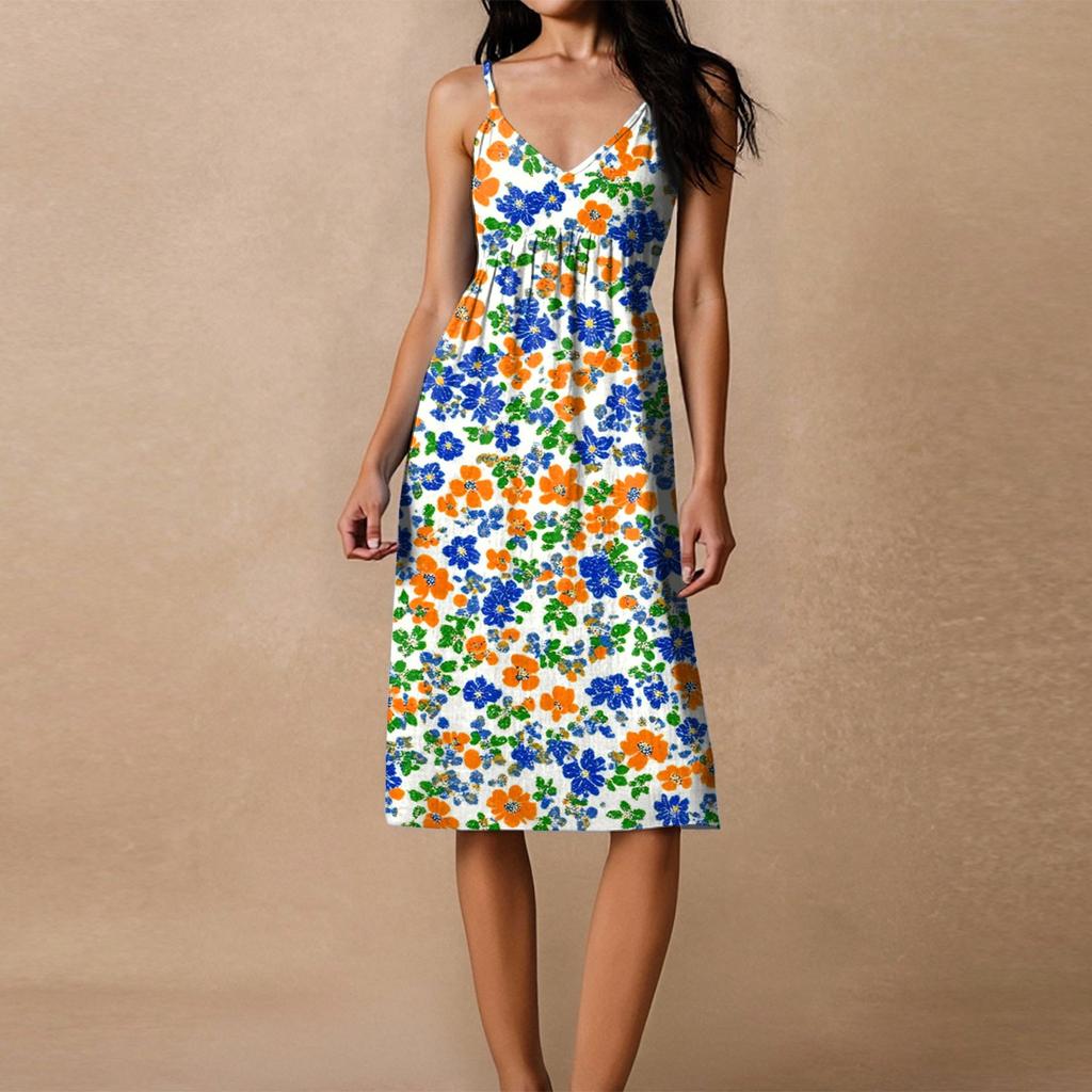 Damen Spaghetti-Träger Rückenfrei Schleife Locker Lässig Strandurlaub Blumenmuster Kleid Sommerkleid
