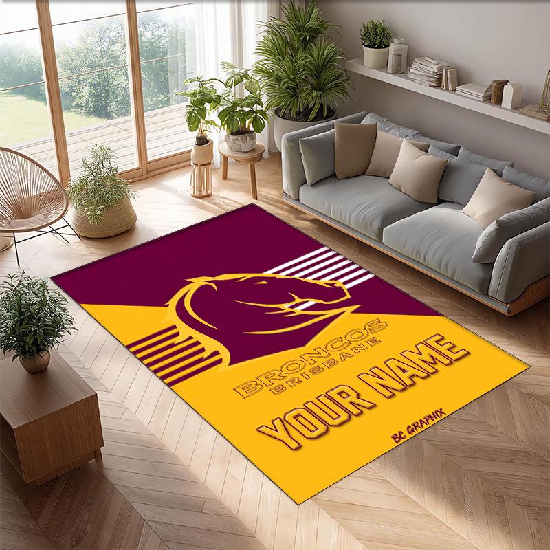 Brisbane Broncos Crystal Velvet Rug, Custom Name Text Personalized Non‑Slip Floor Mat for Home Decor Gift