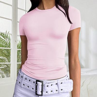 Women T-shirt Round Neck Short Sleeve Solid Color Tee Shirt Slim Fit Summer Pullover Tops Work Daily Wear
