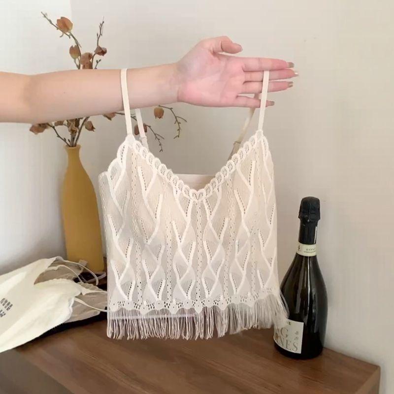 

Sleeveless Camisole Top with Chest Pad and Tassel Summer Short Style Beautiful Back Lace Lining Vest M молоко, білий колір