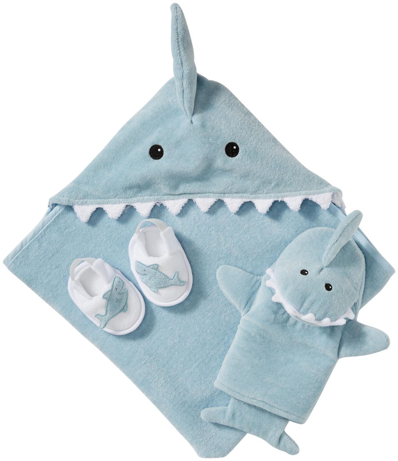 

Baby Aspen Baby Bath Gift Set (Blue Shark Print) - 3-Piece Set: Hooded Bath Towel, Mittens, Slippers, Bath Poncho, and Baby Bathrobe