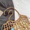 Summer vacation drawstring lined fishing net woven bag