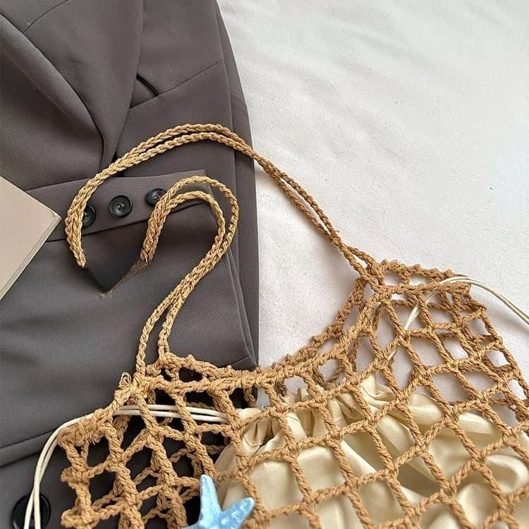 Summer vacation drawstring lined fishing net woven bag