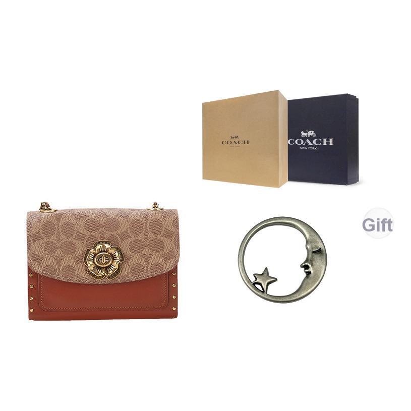 Coach Parker 18 Nieten Kamelienblüten Kette Klappe Umhängetasche Beschichtetes Canvas und Kalbsleder Umhängetasche Kleine Damen Umhängetasche Khaki Braun 30592-B4RU