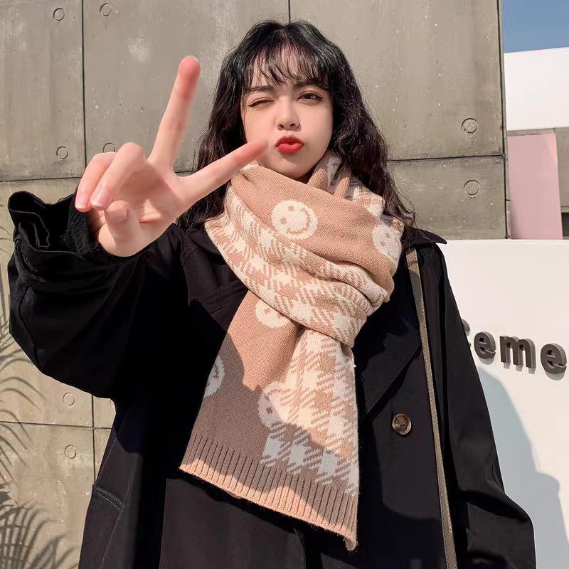 Cute Girly Knitted Smiling Face Scarf Women's Fashion Autumn and Winter Korean Style Versatile Student Woolen Scarf