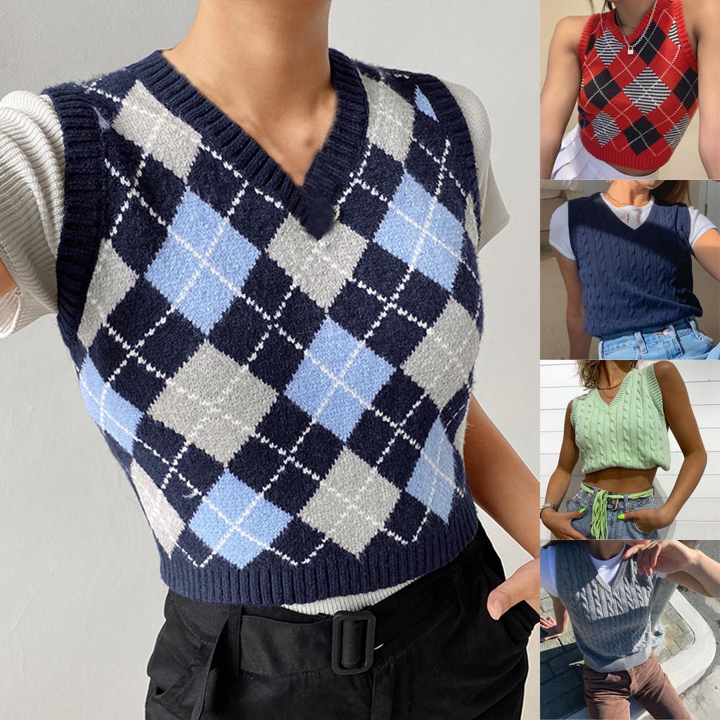 Womens Casual Plaid Knitted Tank Top  Knitwear Preppy Style V-Neck Vest Sweater