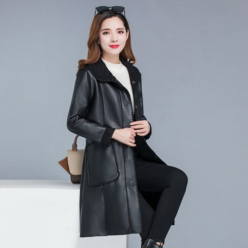 Outerwear Mid Length Leather Jacket, Plus Size Casual Button Style, Fur Integrated Mid Length Women's Jacket