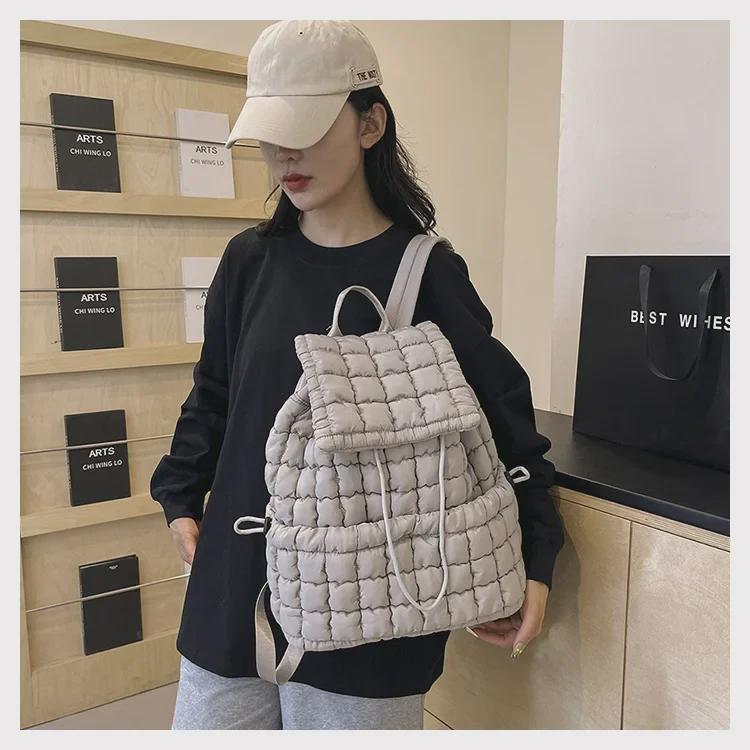 Women's Fluffy Plaid Down Backpack - Stylish, Lightweight, Large Capacity for Fall/Winter Commuting and Travel.