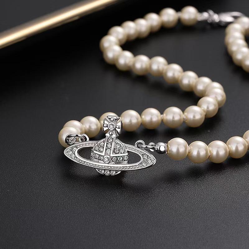 Empress Dowager Saturn Pearl Pendant Necklace - Women's Fashion Clavicle Chain with Planet Charm