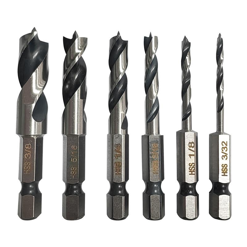 High Speed Steel 6pc Hexagonal Shank Three Pointed Woodwork Drill Integrated British System Two Edge Two Groove Drill Tool Set