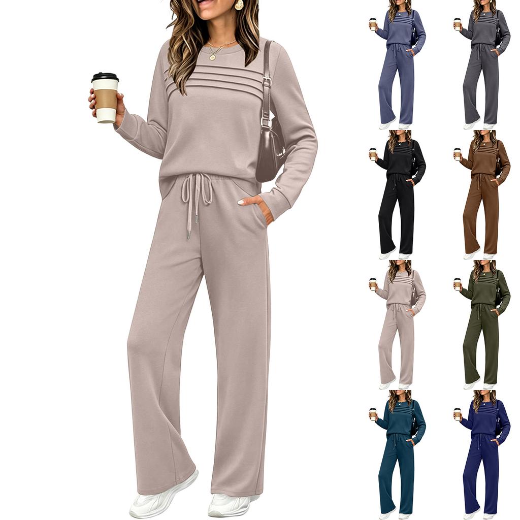 Women's Casual 2 Piece Athletic Set Color Long Sleeve Neck Sweatshirt and Wide Leg Pants with Elastic Waist