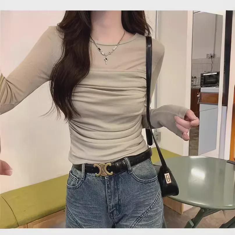 Damen Mesh Plissee Slim-Fit Langarm Oberteil, Frühling/Sommer Trendiges Design