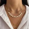 Vintage Love Hreart Peach Heart Pearl Gold Color Necklace Three-Piece Set for Women Multiple Layer Stackable Type Clavicle Chain