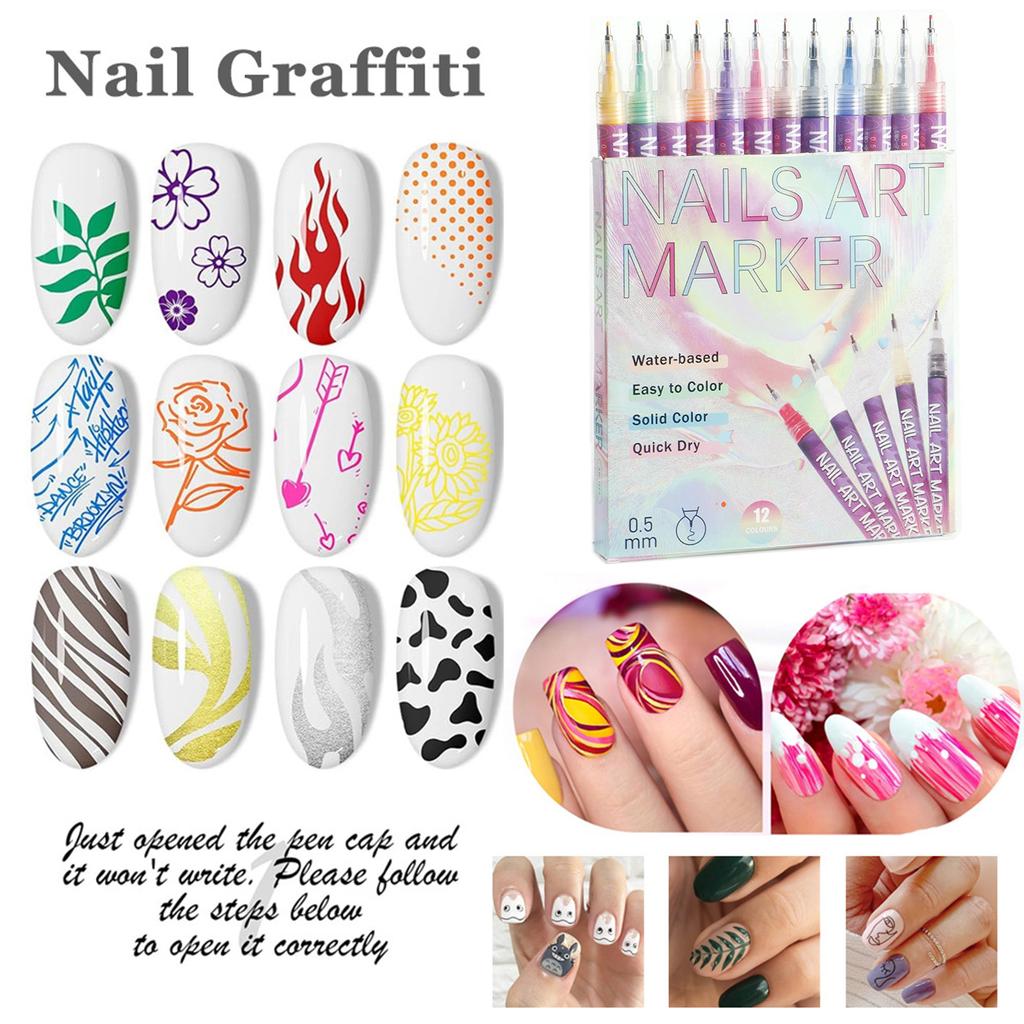 12 Colors Nail Art Pens Set Waterproof Nail Polish Pens Quick-Drying DIY Beauty Nail Art Tools Fine Tip Nail Doodle Pens