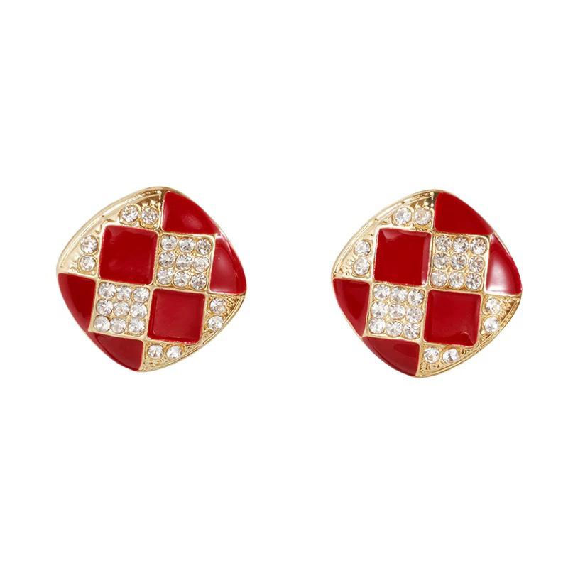 French checkerboard light luxury stud earrings women's red checkerboard mosquito coil plate earrings painless ear clips no holes advanced sense