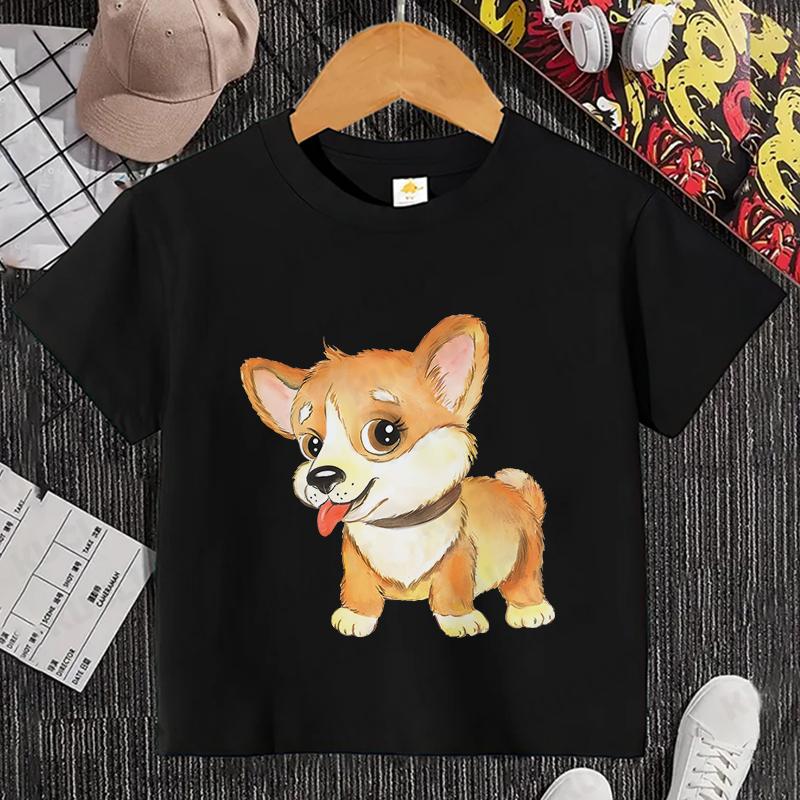 Sommer Kinder Top Corgi Print Kinder Kurzarm T-Shirt Mädchen Geburtstags T-Shirts Jungen Kleidung Lässiges O-Ausschnitt Shirt für Kind