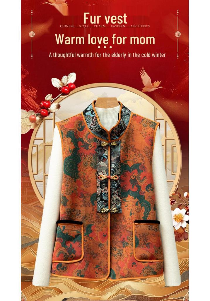 Women's Chinese Style Leather & Fur Vest for Moms & Middle-Aged