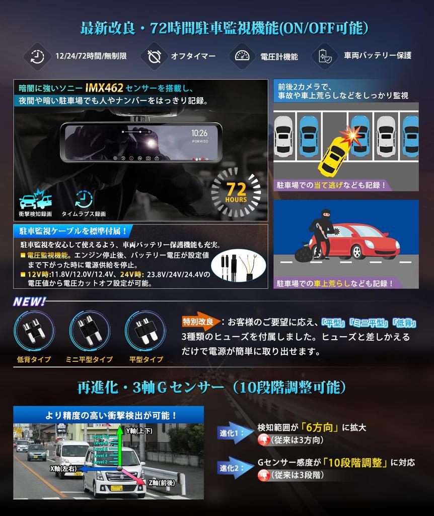 PORMIDOAUTO Dash Cam Specs 60fps Front and Rear Sony IMX462 LCD Automatic Brightness The Ultimate Digital Interior Mirror Hidden Wiring Smooth 60fps