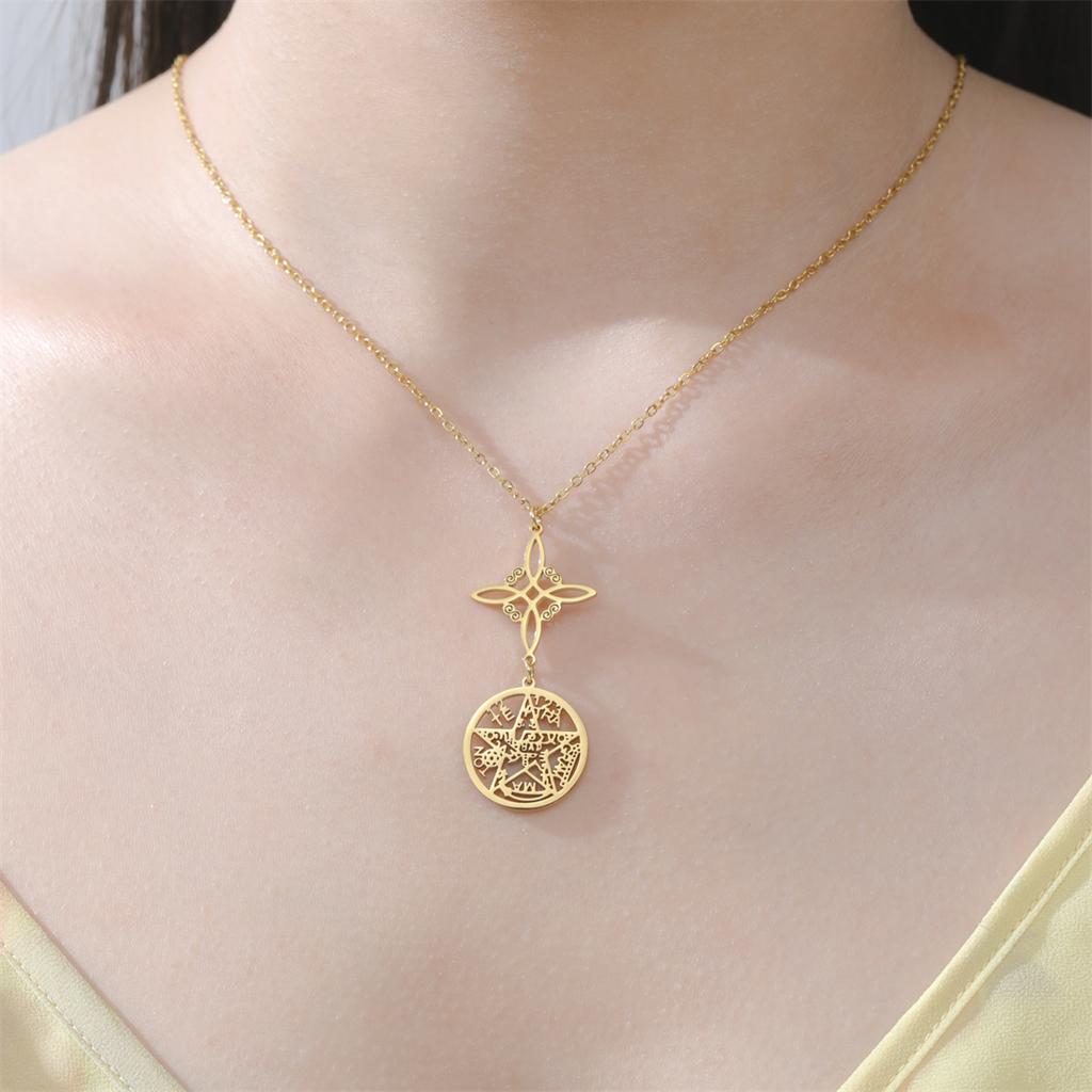 Wicca Witch Knot Necklace Stainless Steel Pentacle Tetragrammaton God Name Seal Pendant Chain Solomon Amulet Jewelry