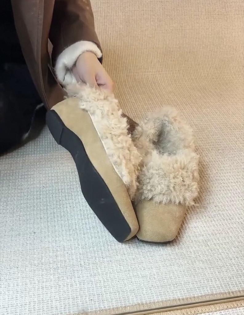 Sheepskin version~ French suede square head inner height increase fur integrated fleece single shoes women's autumn and winter versatile fluffy shoes