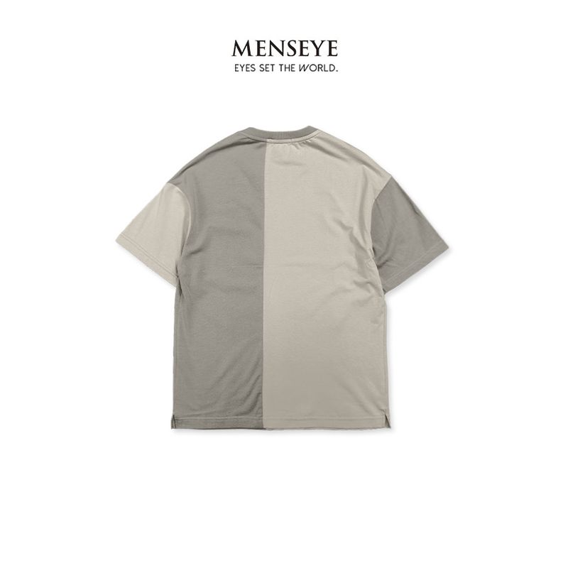 Menseye Men's Short-Sleeved T-Shirt, Color-Blocking Patchwork, Large Pocket, Workwear Style, Chinese Trend, Loose Fit, Khaki Color