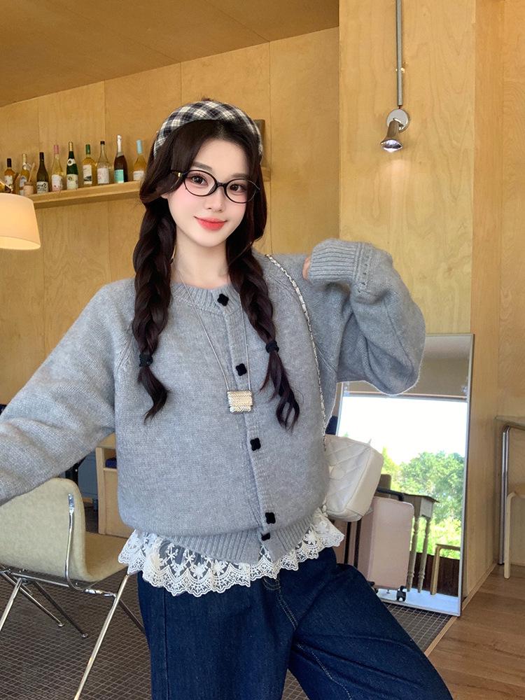 Damen Plus Size Süßer Gestrickter Pullover im Koreanischen Stil mit Quadratischer Schnalle