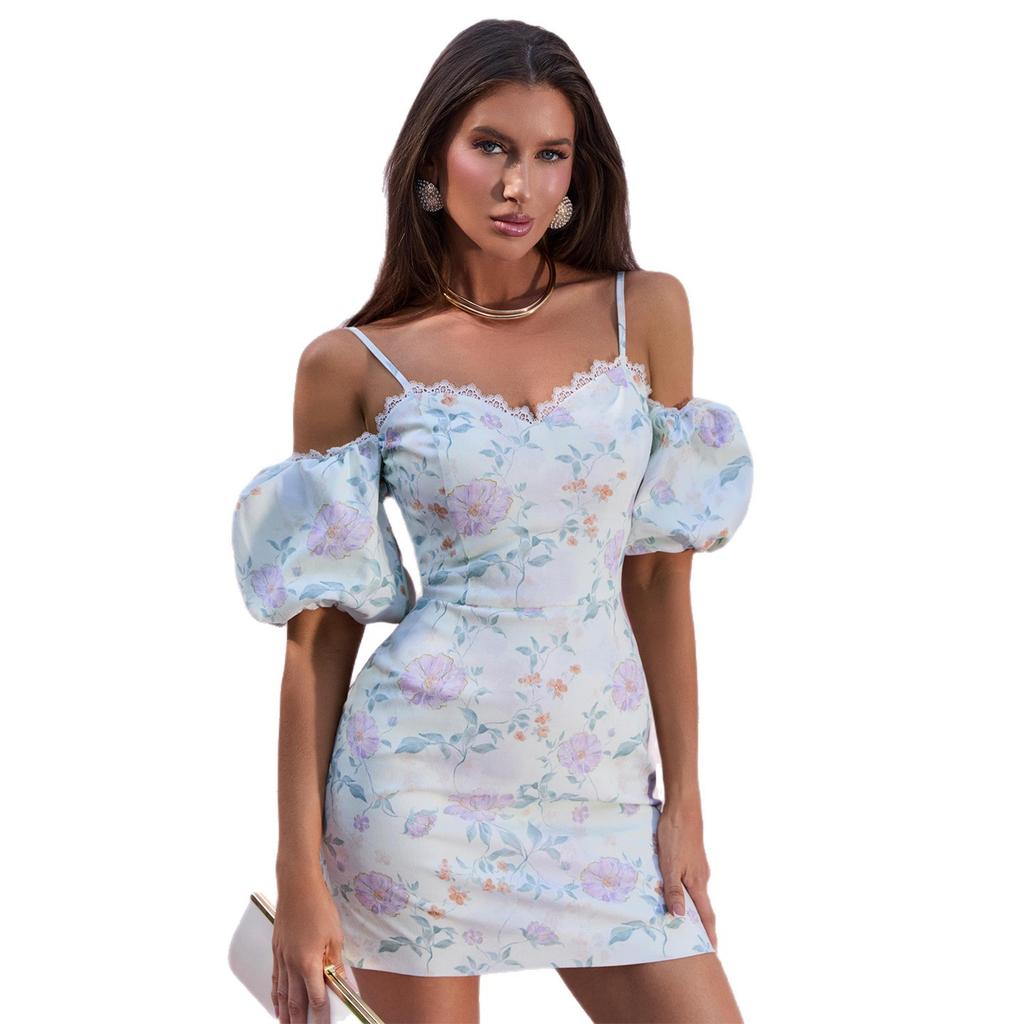 European and American Women's Clothing 2026 Summer New Celebrity Style Off-the-shoulder Bubble Sleeves Floral Suspenders Hip-wrapped Dress