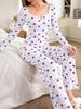 Women’s Heart Print Long Sleeve Top and Pants Pajama Set Two-Piece Loungewear Set Suitable for Outdoor Wear