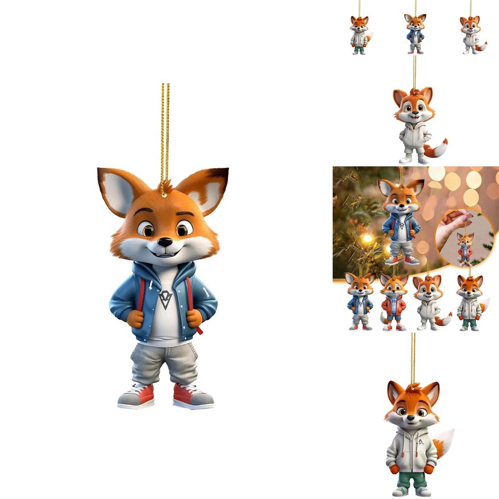 Adorable Cartoon Fox Acrylic Flat Christmas Tree Ornament For Car Interior Decoration