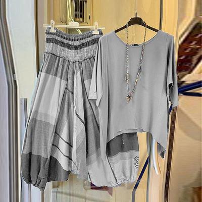 Women's Tops, Printed Pants, Two-piece Suit, Elastic Belt, Summer Shirt Suit with Uneven Hem