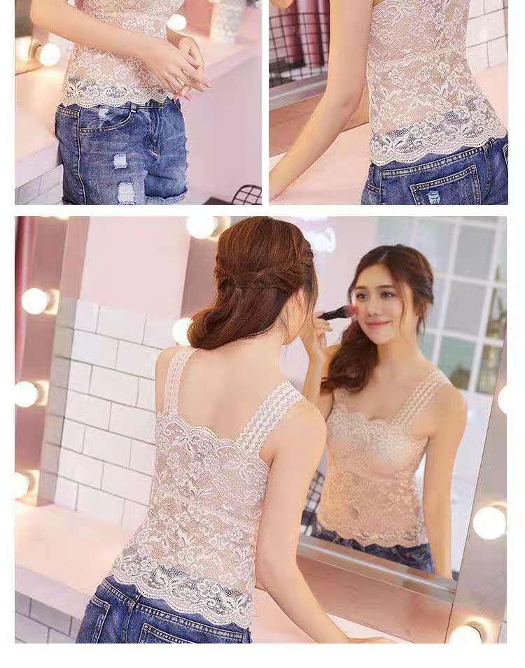 Lace Trim Underwear Camisole with Chest Pads - Women's Versatile Anti-Exposure Long Bra