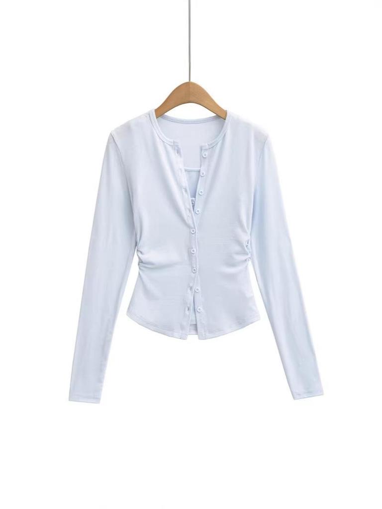 Women's Slim-Fit Korean Style Waist-Cinching Long-Sleeve Cardigan and Sheer Vest Set
