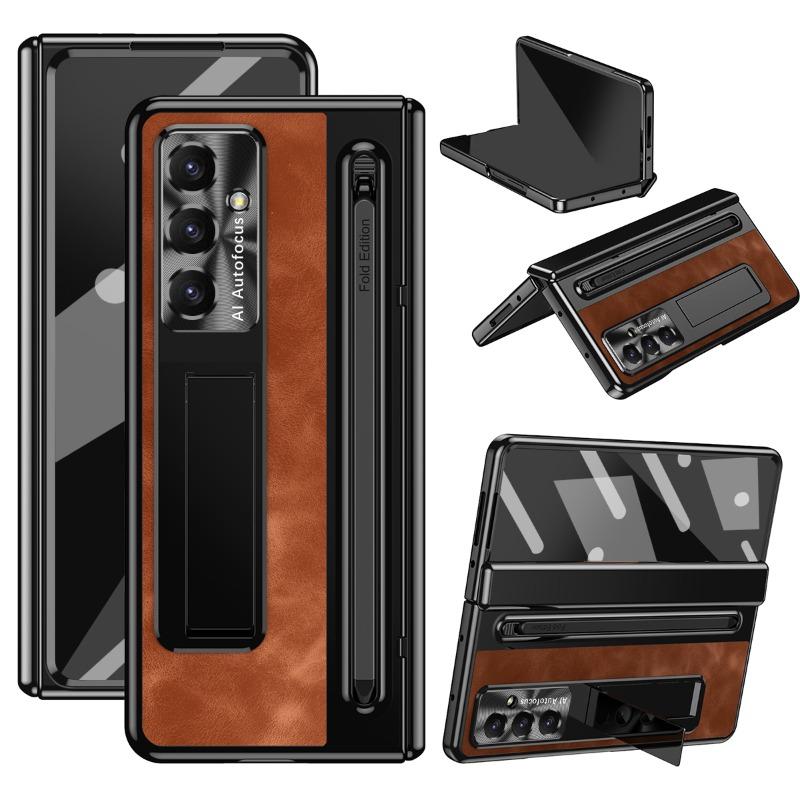 Fold 7 Luxury Dark Retro PU Leather Phone Case for Samsung Galaxy Z Fold 7 6 5 4 3 with Pen Slot Hinge Protection Kickstand
