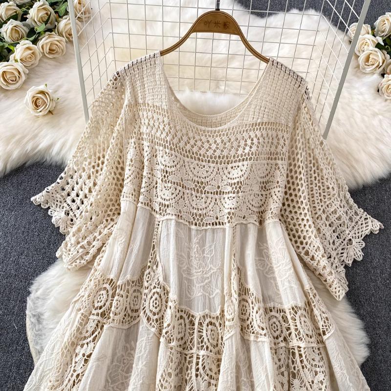 Retro Hook Hollow Out Women Dresses Spring Summer Beach Style Knitted Vestidos Mujer Elegant Loose Long Dress
