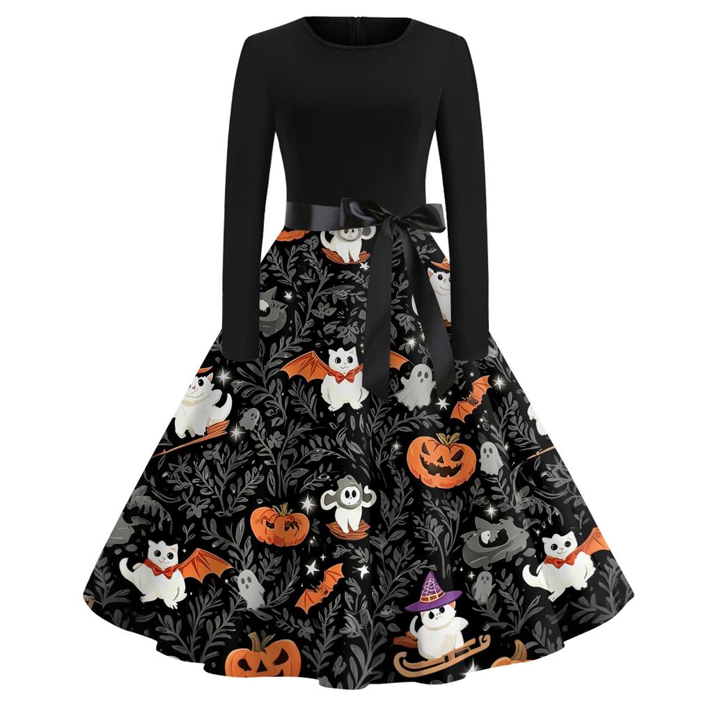 Women's Casual Halloween Print Dress Long Sleeve Round Neck Vintage Style Midi Dress with Waist Tie for Seasonal Occasion