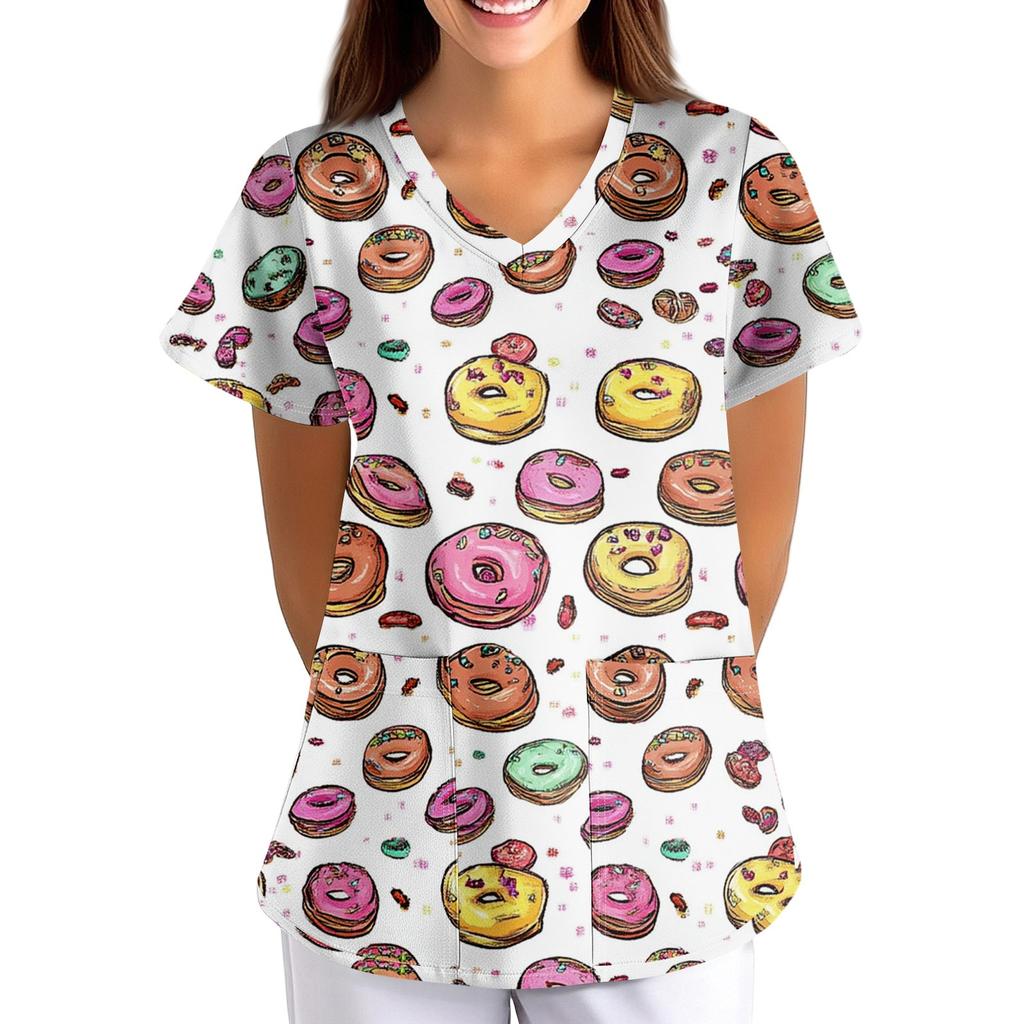 Women's Fruit And Floral Print Loose V-Neck Pocket Short Sleeve Uniform Uniform