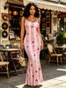 Women's Modern Elegant Casual Fashion Pink Stripe And Vinyl Record Printed Sleeveless Cami Strap Bodycon Mermaid Maxi Dress For Spring Summer Autumn