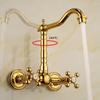 Luxury Gold Color Brass Bathroom Kitchen Sink Basin Faucet Mixer Tap Swivel Spout Wall Mounted Dual Cross Handles