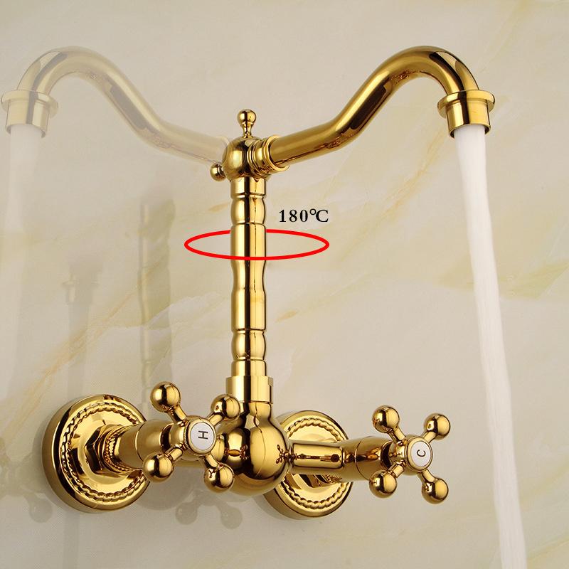 Luxury Gold Color Brass Bathroom Kitchen Sink Basin Faucet Mixer Tap Swivel Spout Wall Mounted Dual Cross Handles