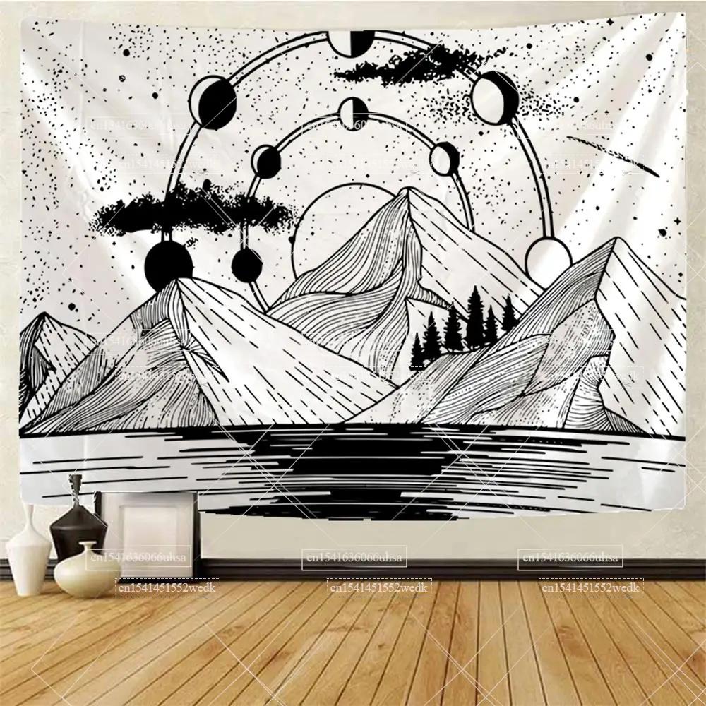 Boho Mountain Tapestry Landscape Tapestry Moon Starry Night Wall Hanging Tapestry Aesthetic Room Decor Backdrops Yoga Meditation