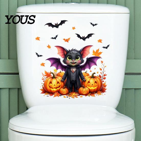 Removable Toilet Decals Halloween Decals, Cute Cartoon Bat in Suit & Black Crow with Witch Hat, Waterproof Peel-off Stickers Seat Cover Decor