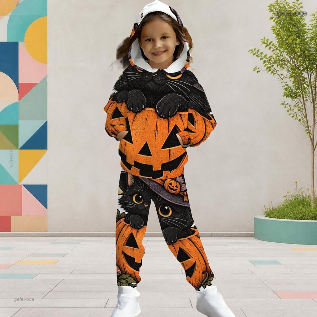 Girls Long Sleeve Hooded Printed Kangaroo Pocket Top Cuffed Pants Two Piece Set
