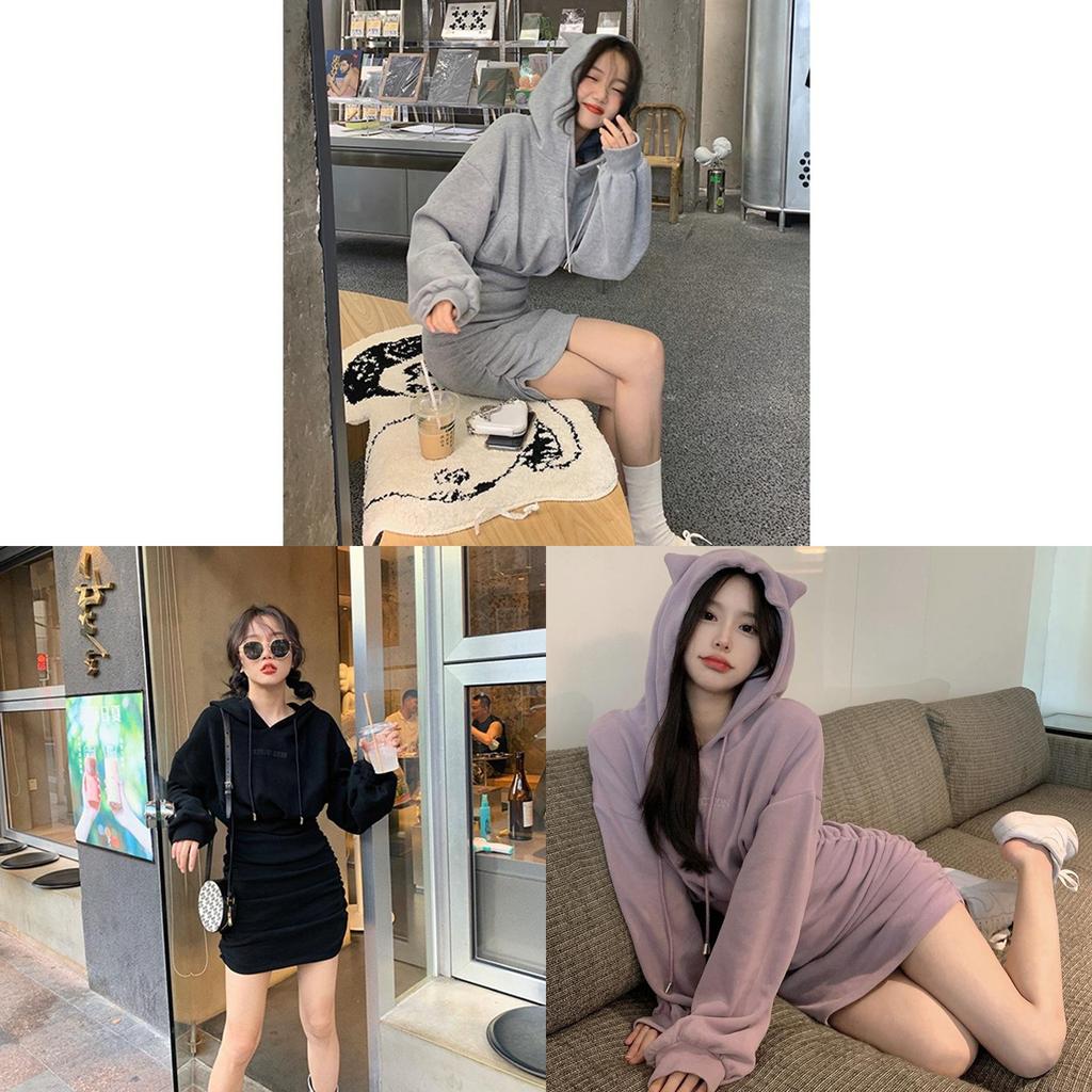 Korean Casual Hoodie Dress With Wrinkled Pencil Skirt Style For Autumn Women