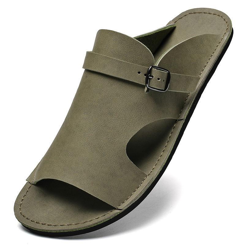 Men's Breathable Cowhide Beach Slippers - Soft Sole Roman Sandals, Size 47