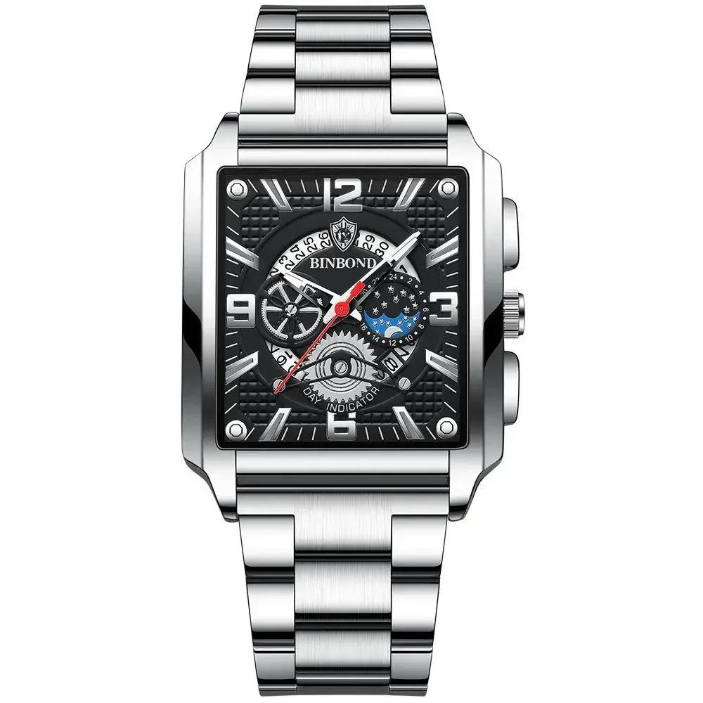 BINBOND Classic Men Watches Square Type Watch for Man Quartz Movement Stainless Steel Waterproof Luminous Date Trend Watch
