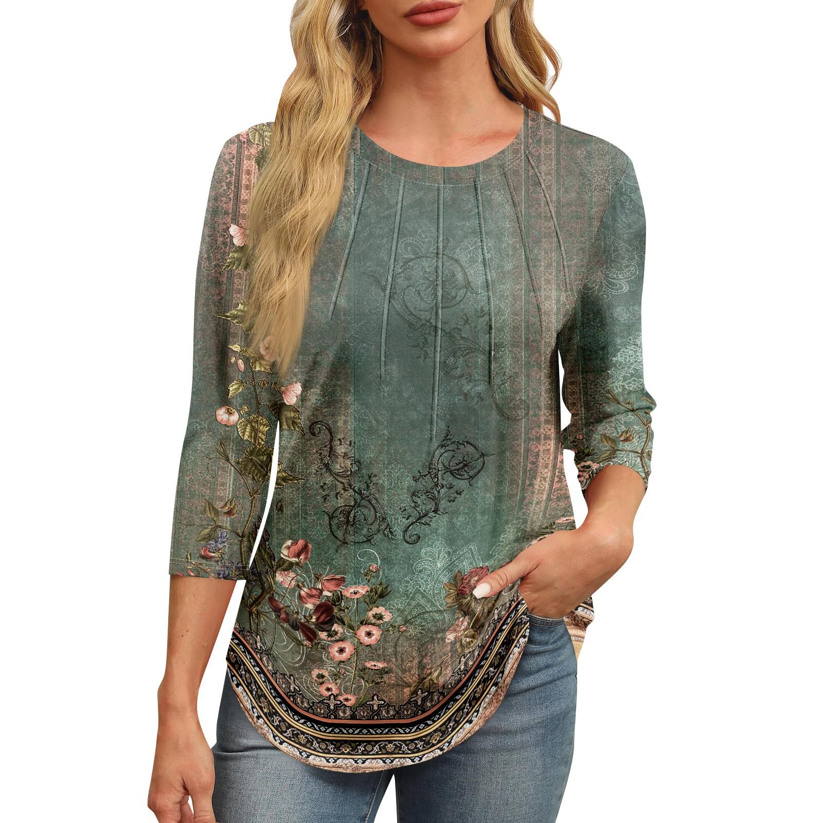 

Женская модная футболка с круглым вырезом и рукавом 3/4 с принтом, повседневная, базовая, плиссированная, пуловер L армия зеленый