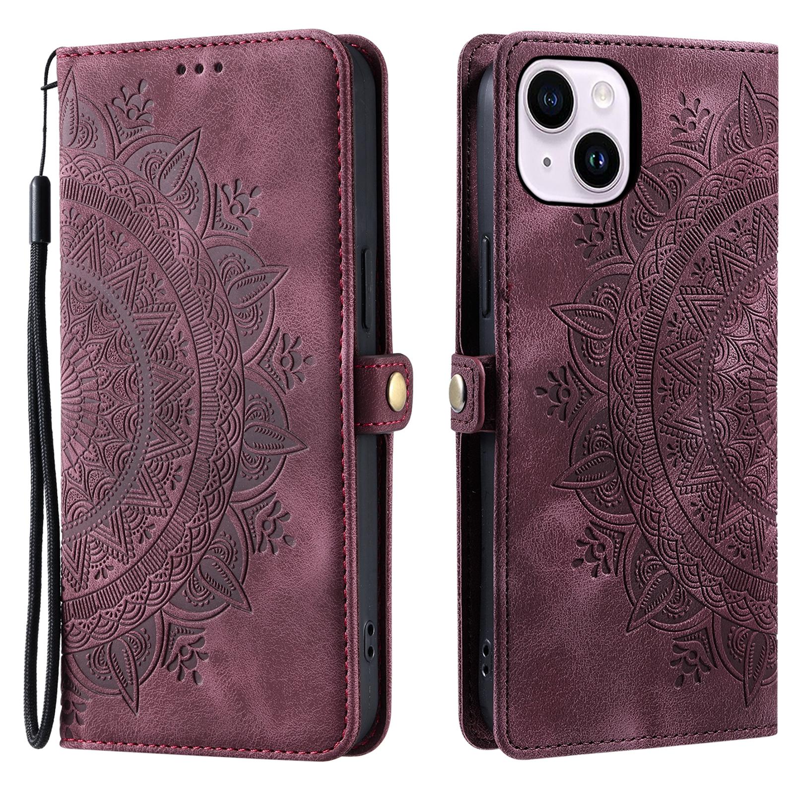 Style 016 For iPhone 15 Case Skin Feel Totem Imprinted Wallet Leather Phone Cover B