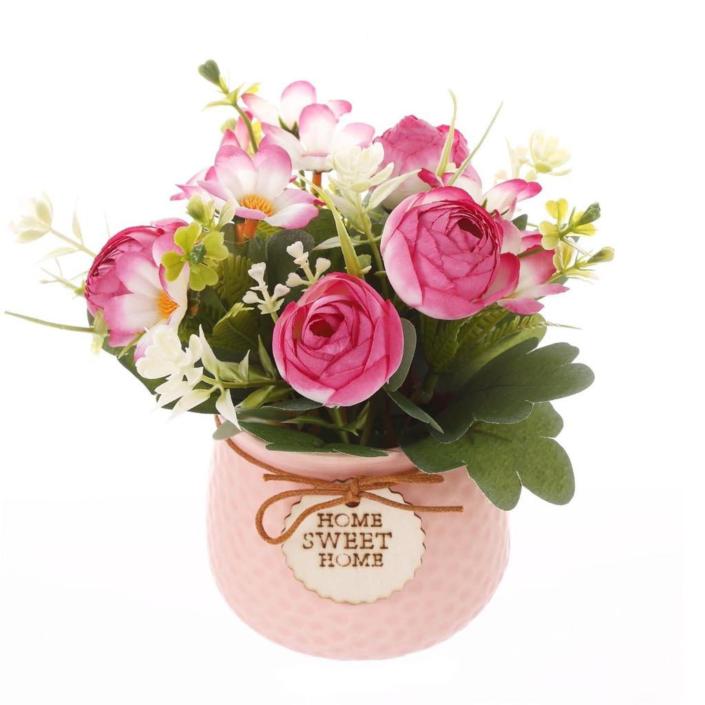Artificial Rose Flower Plant with Pot (Pink, 6.6 Inch) Home Décor Items for Living Room Balcony Kitchen Bedroom Office Table Top Decoration