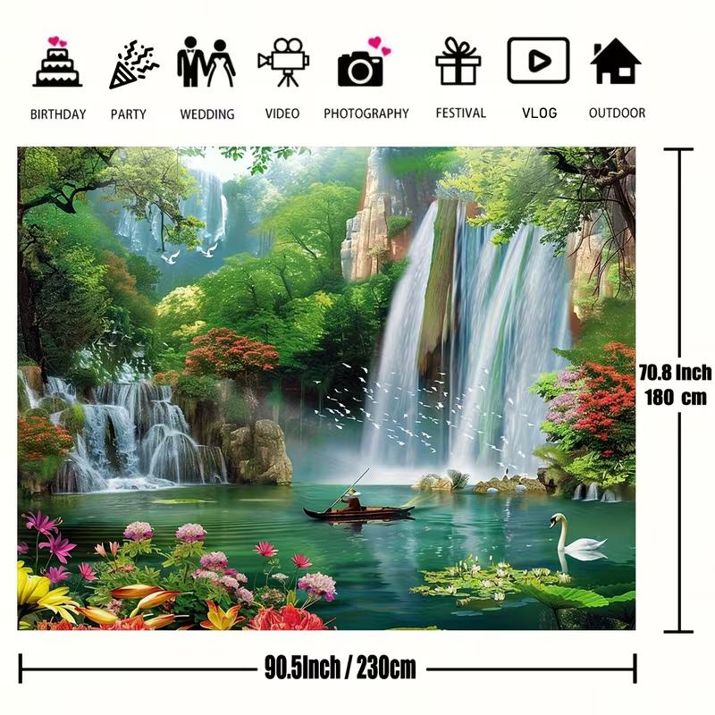 2D Idyllic Forest Waterfall Nature Wall Tapestry, Lake Swan Fishing Boat Flower Bird Bedroom Home Decor